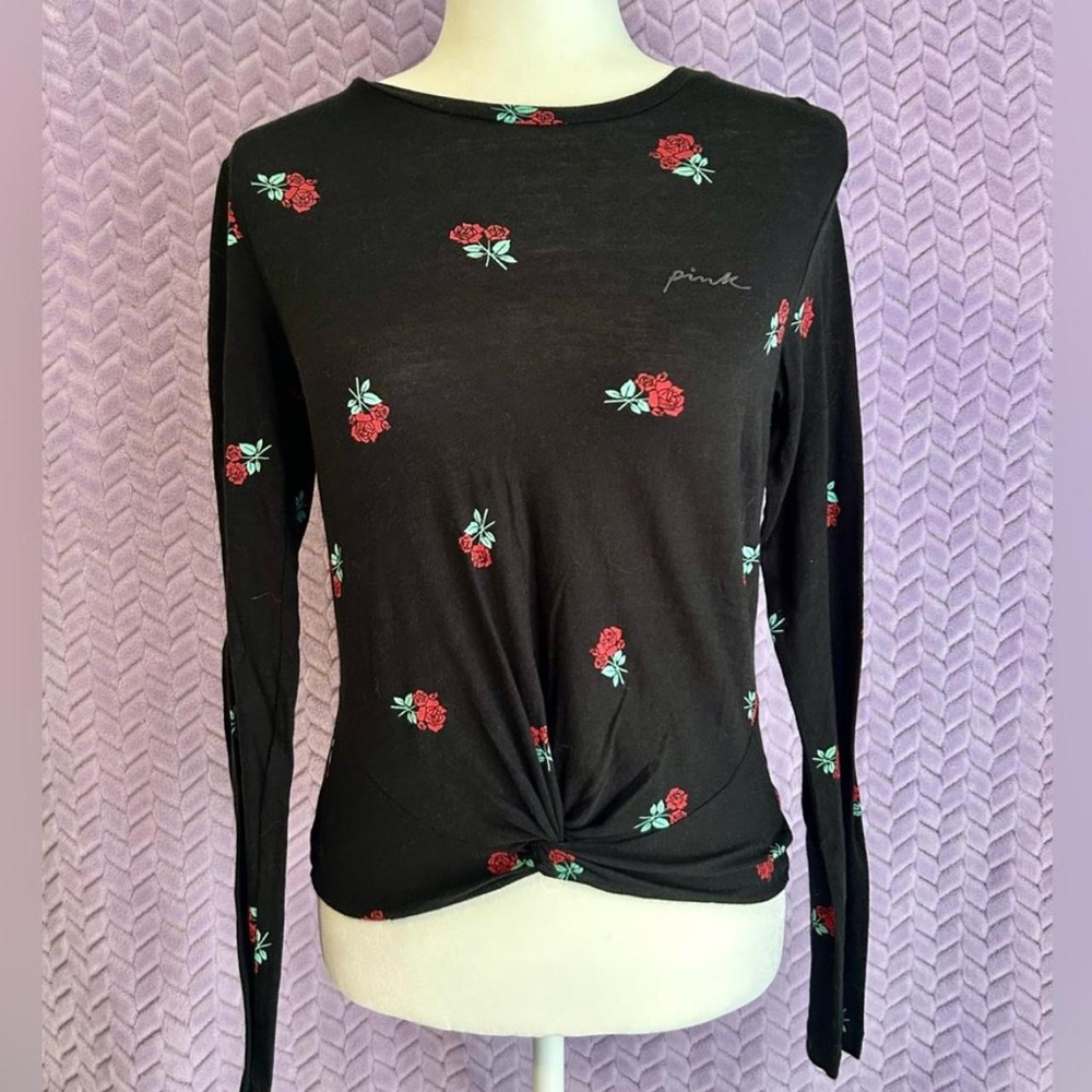PINK Victoria's Secret Black Top with Roses | Y2K 2000s Floral Grunge Edgy